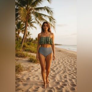 Ruffled Tank Top Modest High Waisted Tankini  Bikini Size L NWT